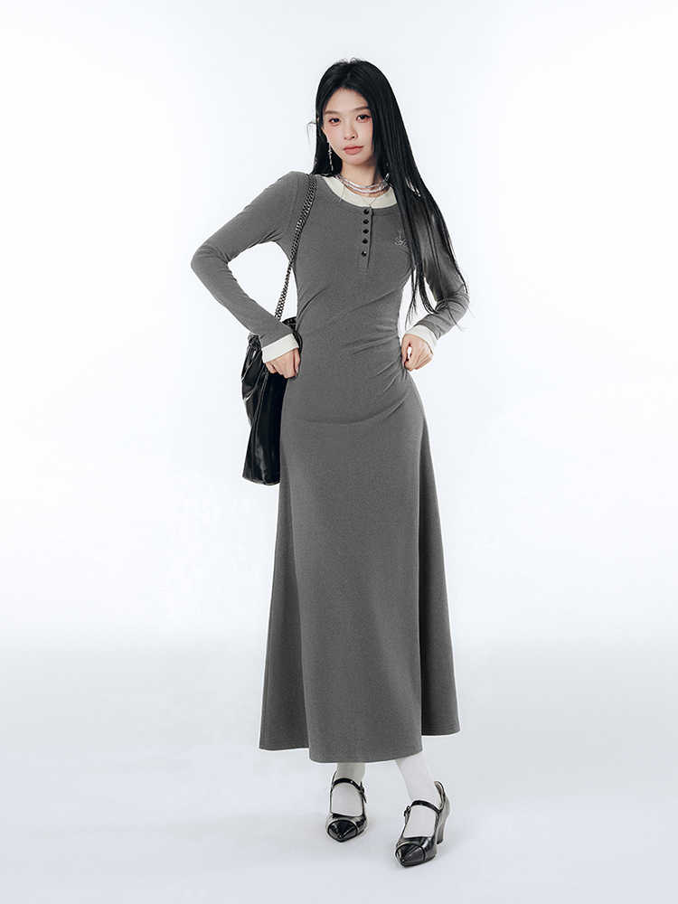 Contrast Color College Style A-line Long Dress LAC0241