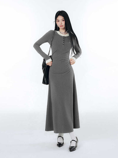 Contrast Color College Style A-line Long Dress LAC0241