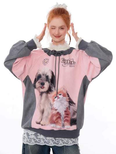 Loose Round Neck Contrast Suede Cat And Dog Print Sweatshirt ZIZ0170