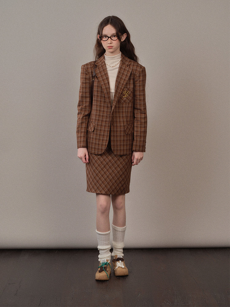 Brown checkered casual suit jacket and skirt YOO0070