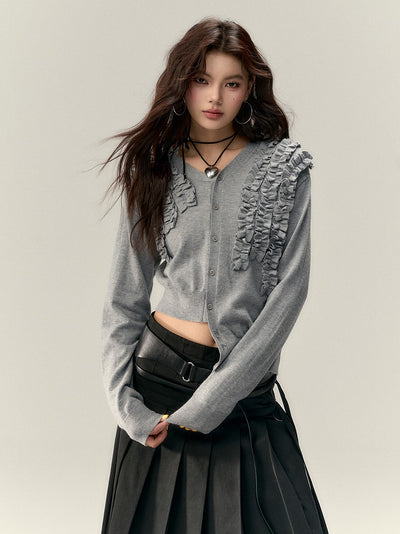 Irregular Lace Pleated Knitted Cardigan VIA0199