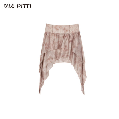 Delicate rose pattern see-through ruffle ribbon bow strap top & irregular hem layered skirt VIA0122