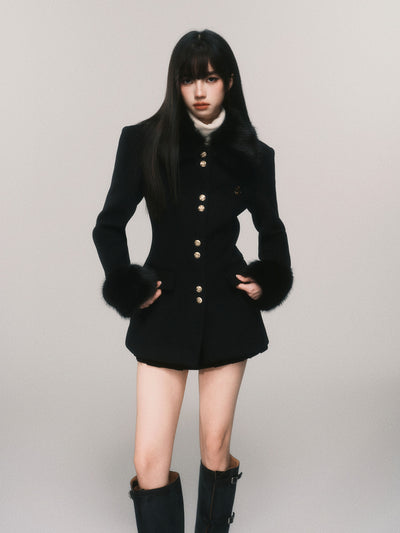 Fur Collar Gold Button Short Wool Jacket LUL0120