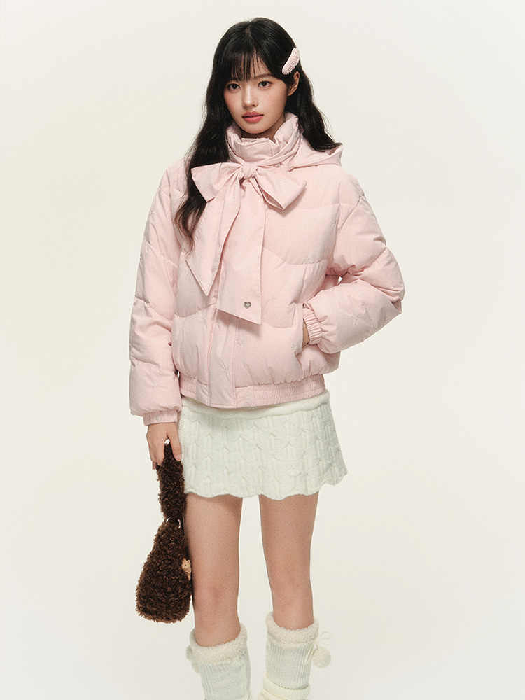 Ribbon Tie Design Hooded Girly Down Jacket NTO0155