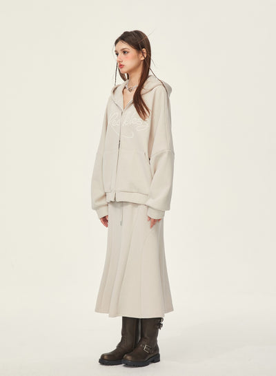 Double Zipper Plus Velvet Thickened Hooded Sweatshirt Jacket/Long Skirt GIF0075