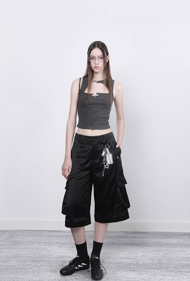 Black Silky Acetate Low Waist Pocket Casual Work Pants ANY0057