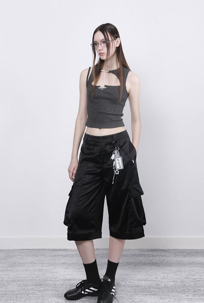 Black Silky Acetate Low Waist Pocket Casual Work Pants ANY0057