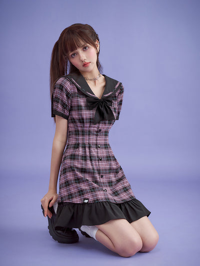 Plaid Sailor Design Layered Waist Slim Dress SAG0166