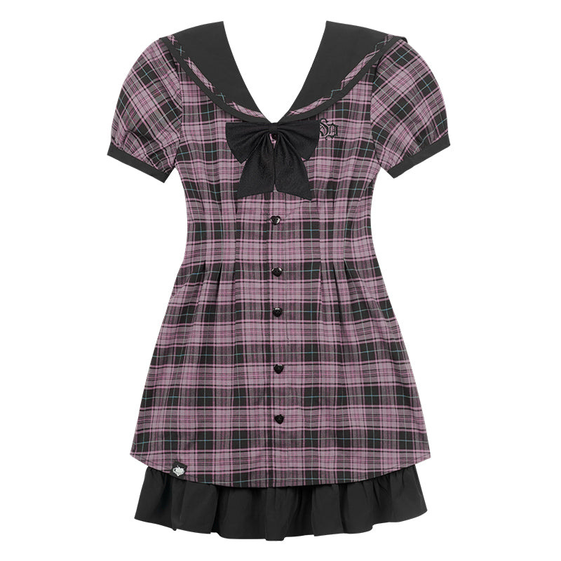 Plaid Sailor Design Layered Waist Slim Dress SAG0166