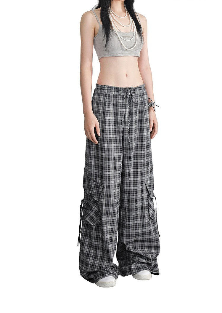 Dark Grey Plaid Low Waist Drawstring Loose Casual Pocket Pants ANY0068