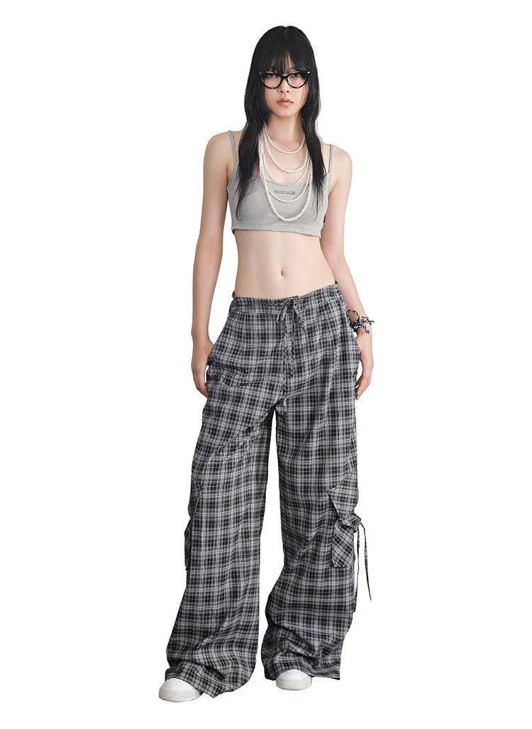 Dark Grey Plaid Low Waist Drawstring Loose Casual Pocket Pants ANY0068