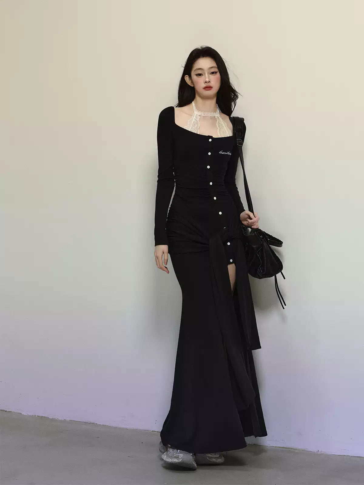 Fake Two-piece Knitted Slit Long Dress DIA0301