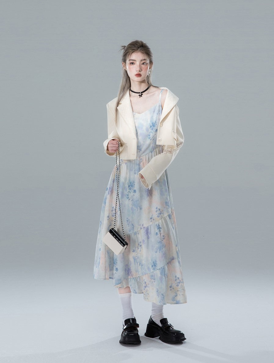 Watercolor Blue Flower Drape Print Suspender Dress COT0146