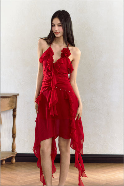 Rose Corsage Irregular Hem Frilled Dress AGM0069