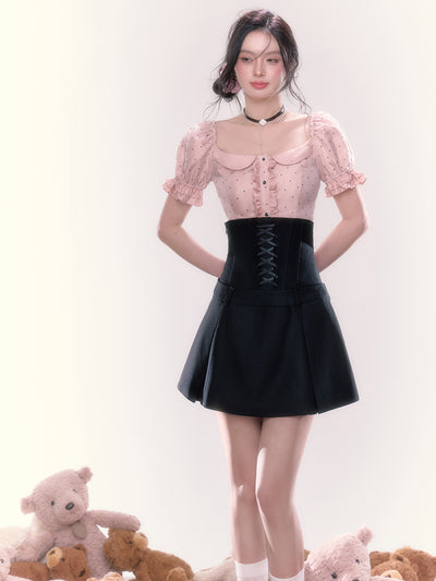 Square Neck Ruffle Sleeve Lace Dot Blouse & High Waist Cross Strap A-Line Skirt UND0052