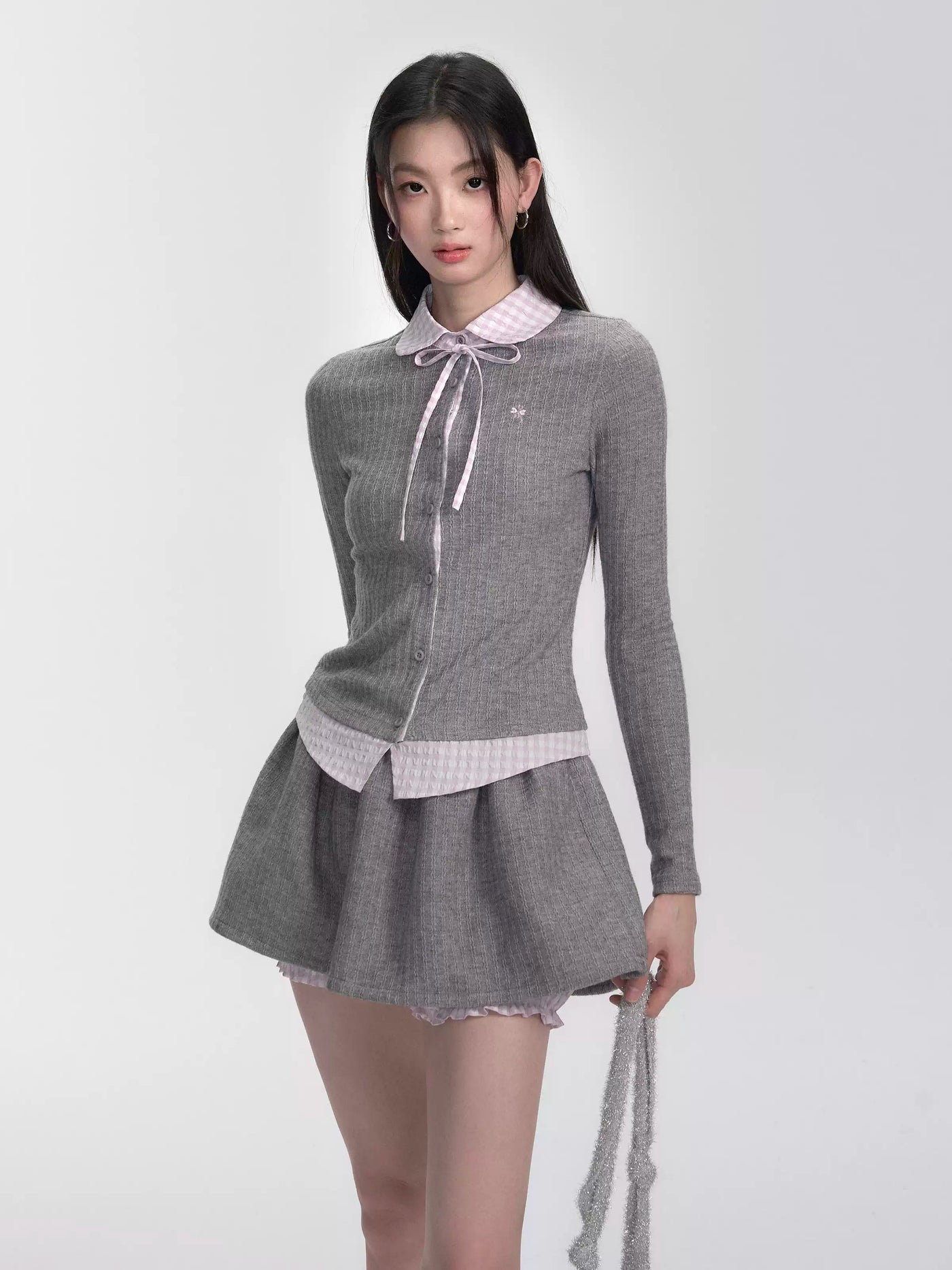 Pink And Gray Plaid Fake Two-Piece Sweater/Shorts FRA0280