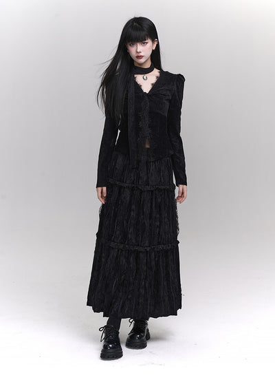 Black Velvet Top/Pleated Long Skirt LAD0125