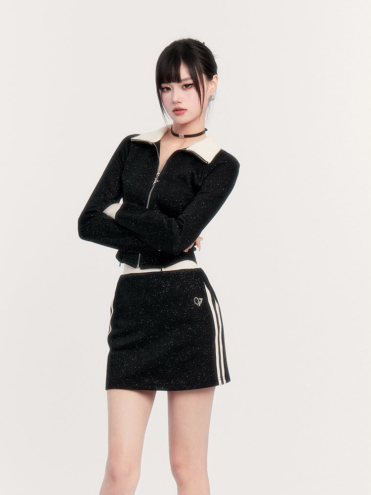 Black Glitter Sweatshirt Jacket/Slim Short A-Line Skirt VOC0243