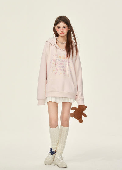 Pink Letter Loose Hooded Thickened Fleece Sweatshirt GIF0073