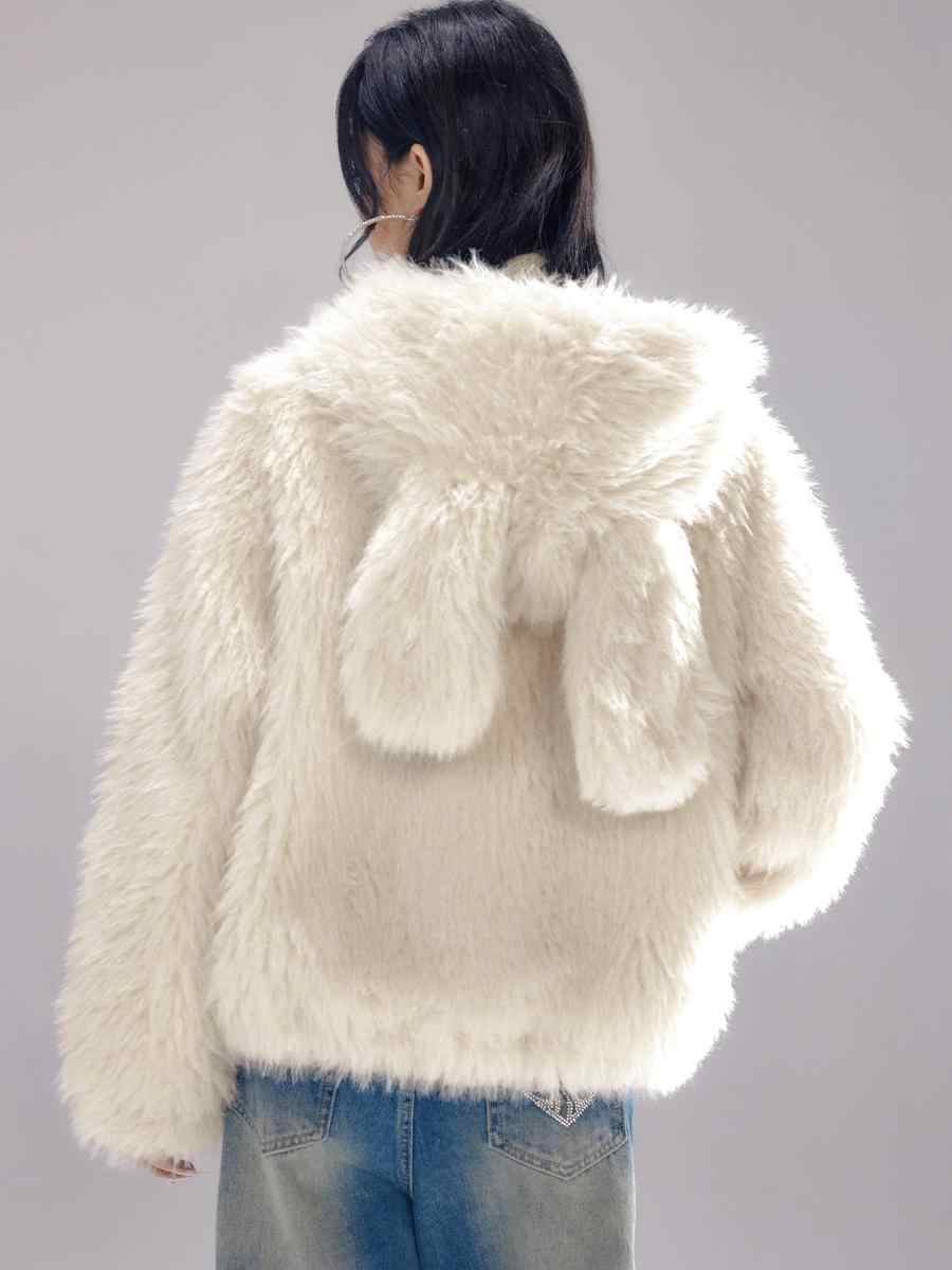 Long imitation fur jacket with rabbit ears hood LAC0250