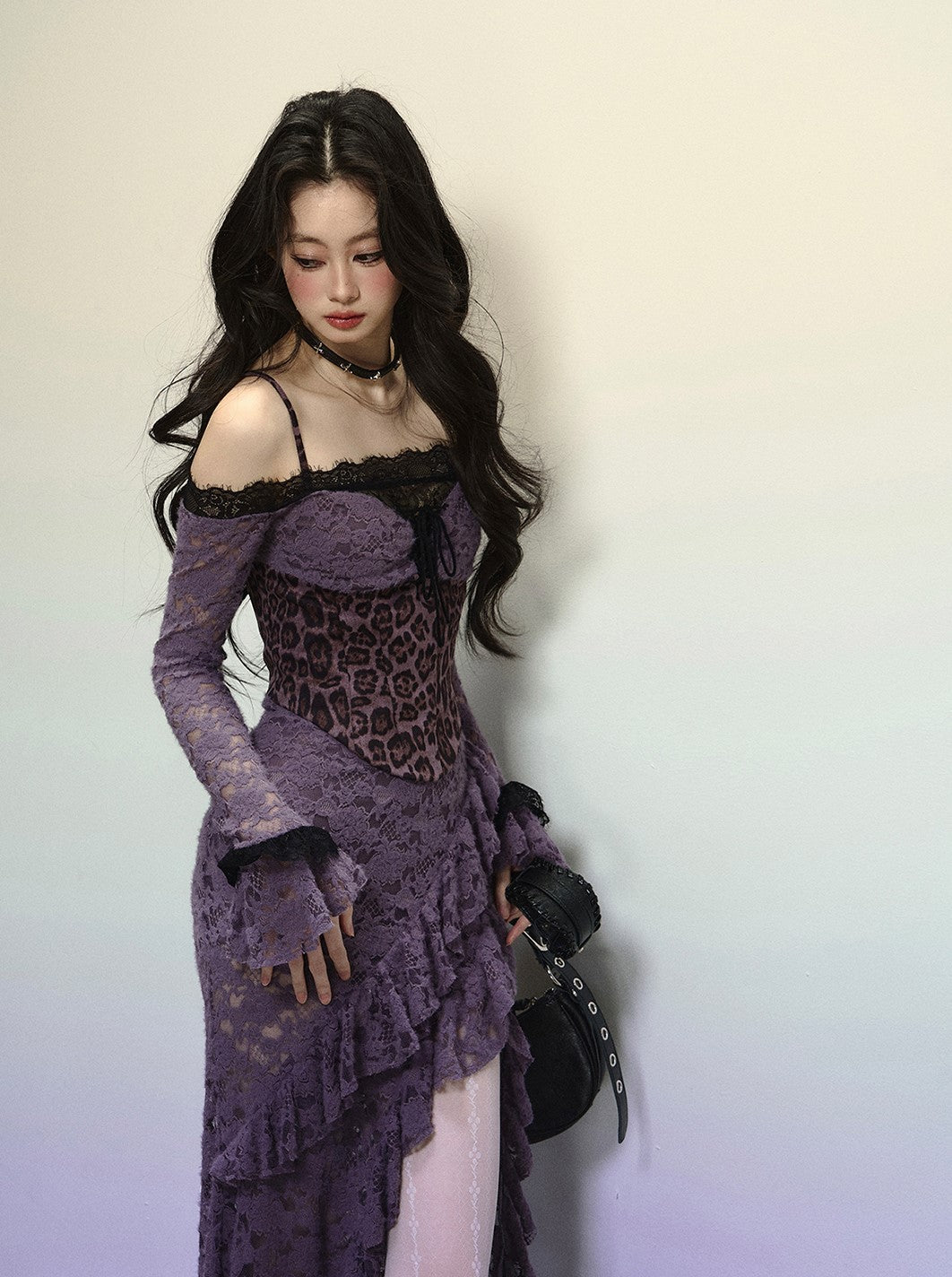 Purple Lace Leopard Print Long Dress DIA0316