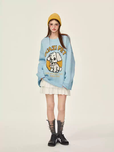 Cute Dog Blue Thick Loose Knitted Sweater GIF0068