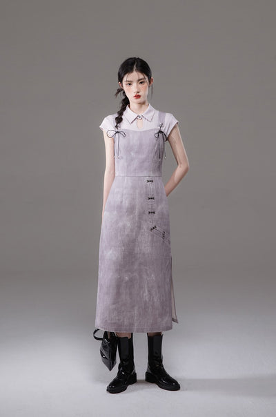 Plum Purple Tencel Shirt/Tie-Dye Printed Suspender Dress COT0131