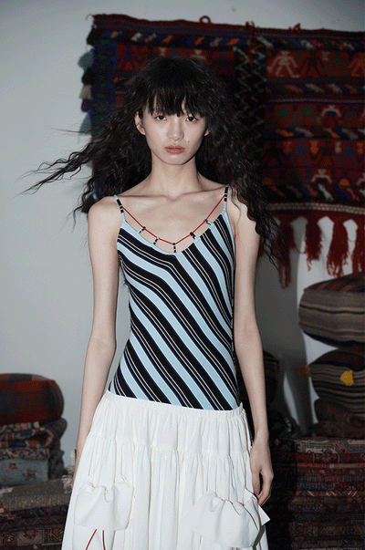 Stripe Splicing Design Fake Two-Piece Retro Long Suspender Dress BAD0025