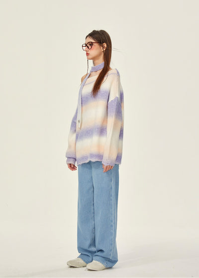 Rainbow Knitted Off-shoulder Lazy Sweater GIF0074