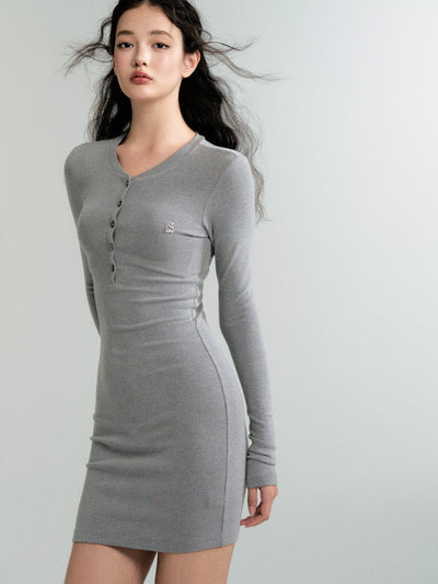 Henry Collar Long Sleeve Knit Slim Dress LUL0088