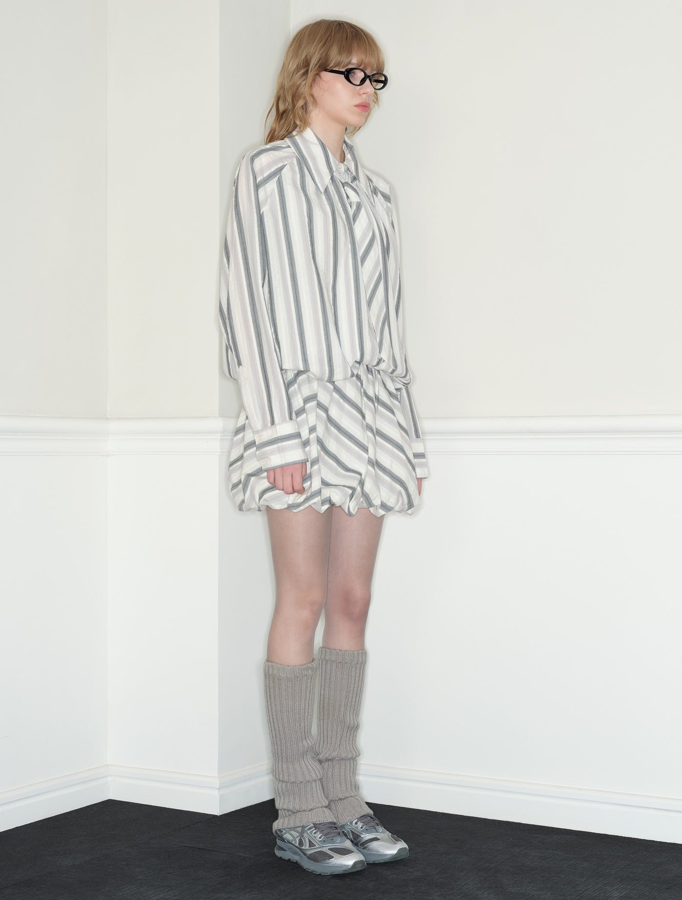 Long-sleeved Striped Shirt/A-line Skirt RUN0042