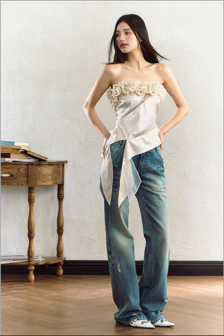 Ripped Low Rise Wash Blue Slim Wide-leg Jeans AGM0062