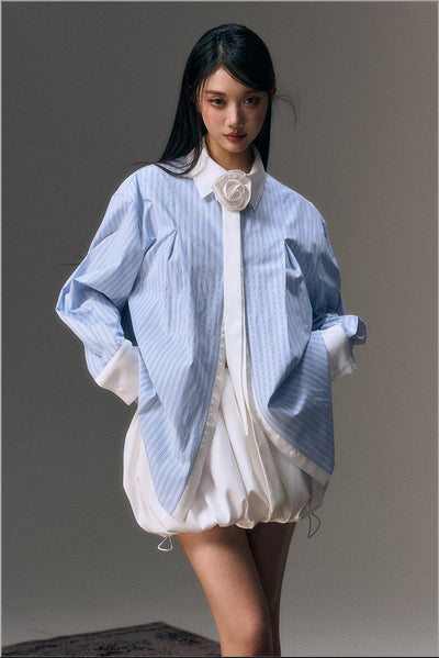 Striped Satin Panel Lapel Long-sleeved Shirt/Casual Versatile Puffy Bud Skirt AGM0007