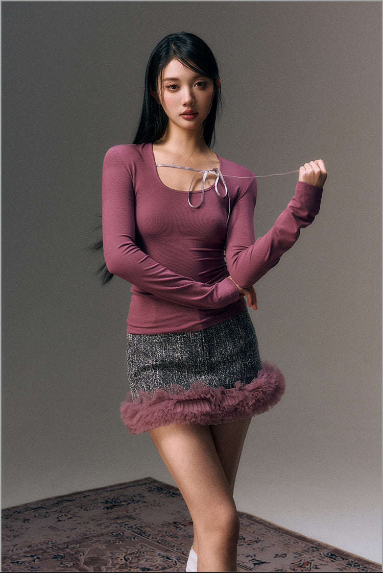 Fluffy Mesh Lace Hem Panels Slim Tweed A-line Skirt AGM0008