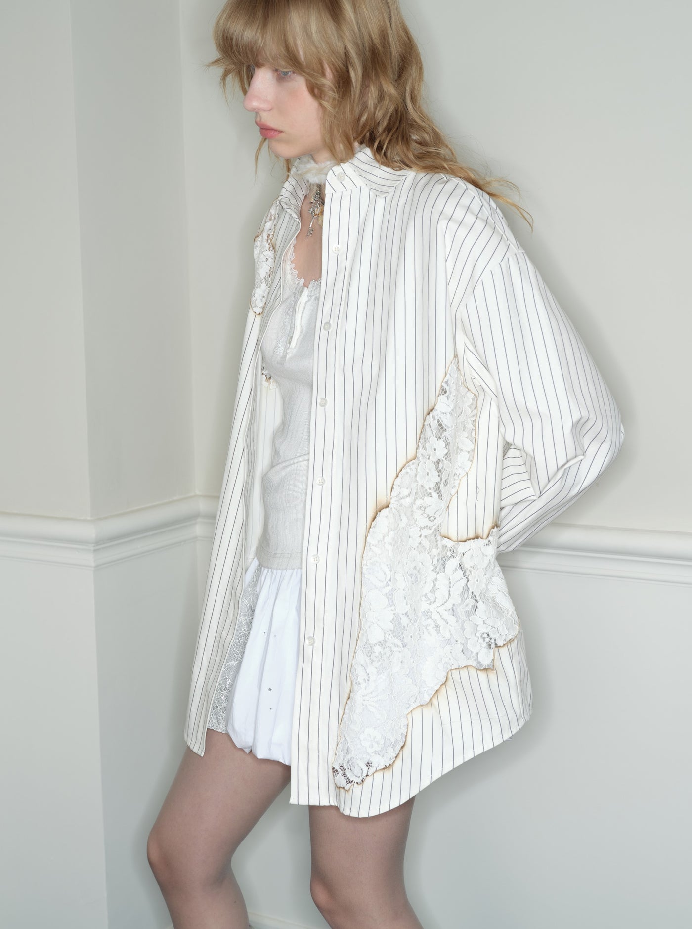 Vintage Striped Patchwork Lace Long-sleeved Shirt RUN0038