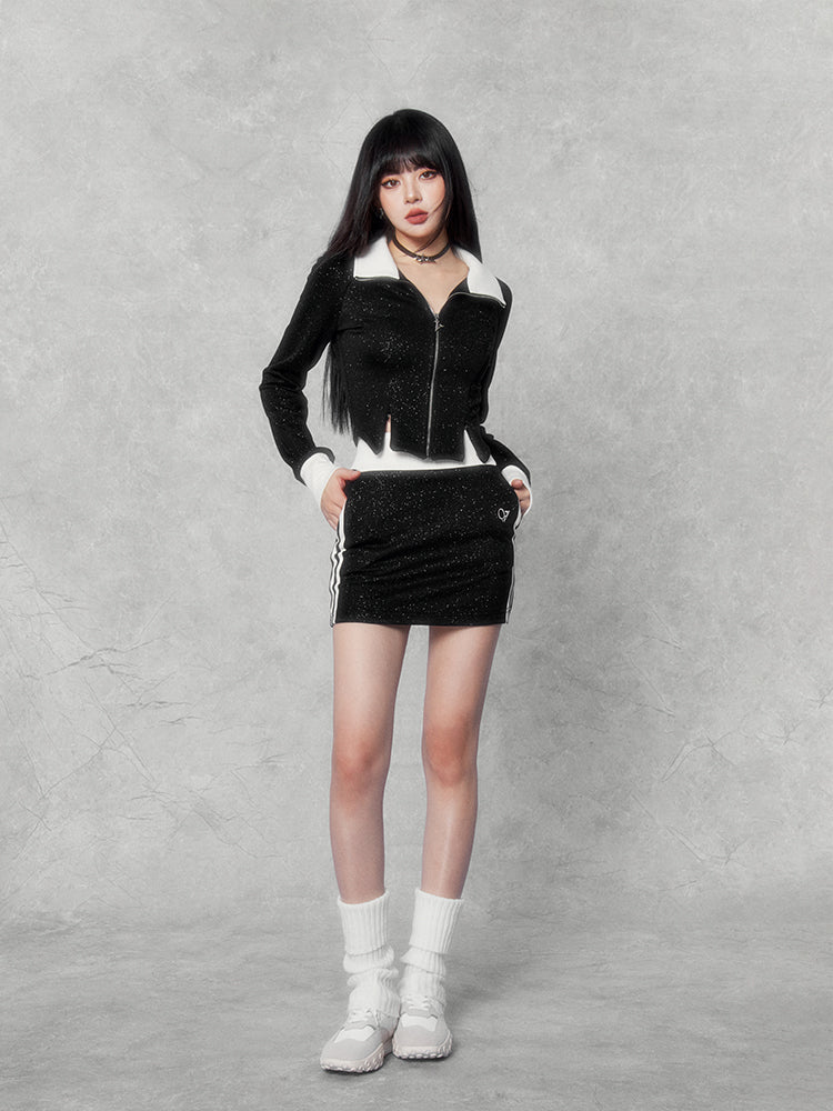 Black Glitter Sweatshirt/Cropped A-Line Skirt VOC0174