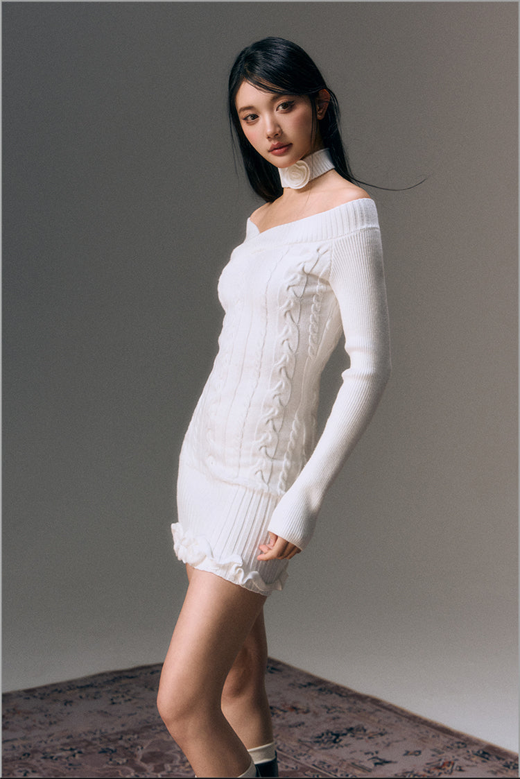 Crossover One-shoulder Rose Hem Slim-fitting Knit Dress AGM0012