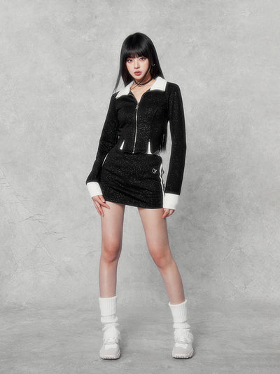 Black Glitter Sweatshirt/Cropped A-Line Skirt VOC0174