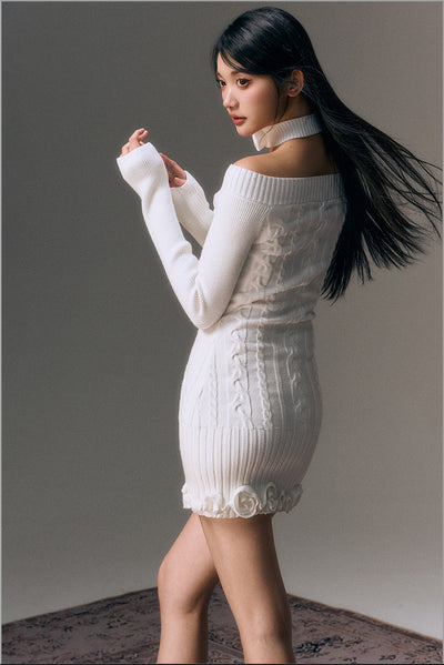 Crossover One-shoulder Rose Hem Slim-fitting Knit Dress AGM0012