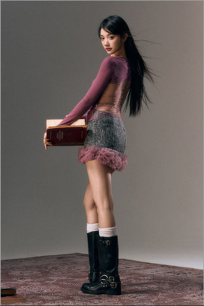 Fluffy Mesh Lace Hem Panels Slim Tweed A-line Skirt AGM0008