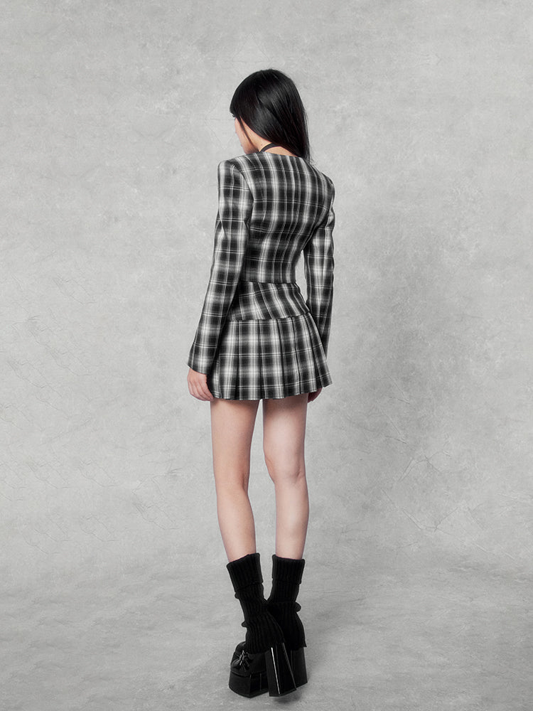 Pattern Color-blocked Short Jacket/Pleated Skirt VOC0163