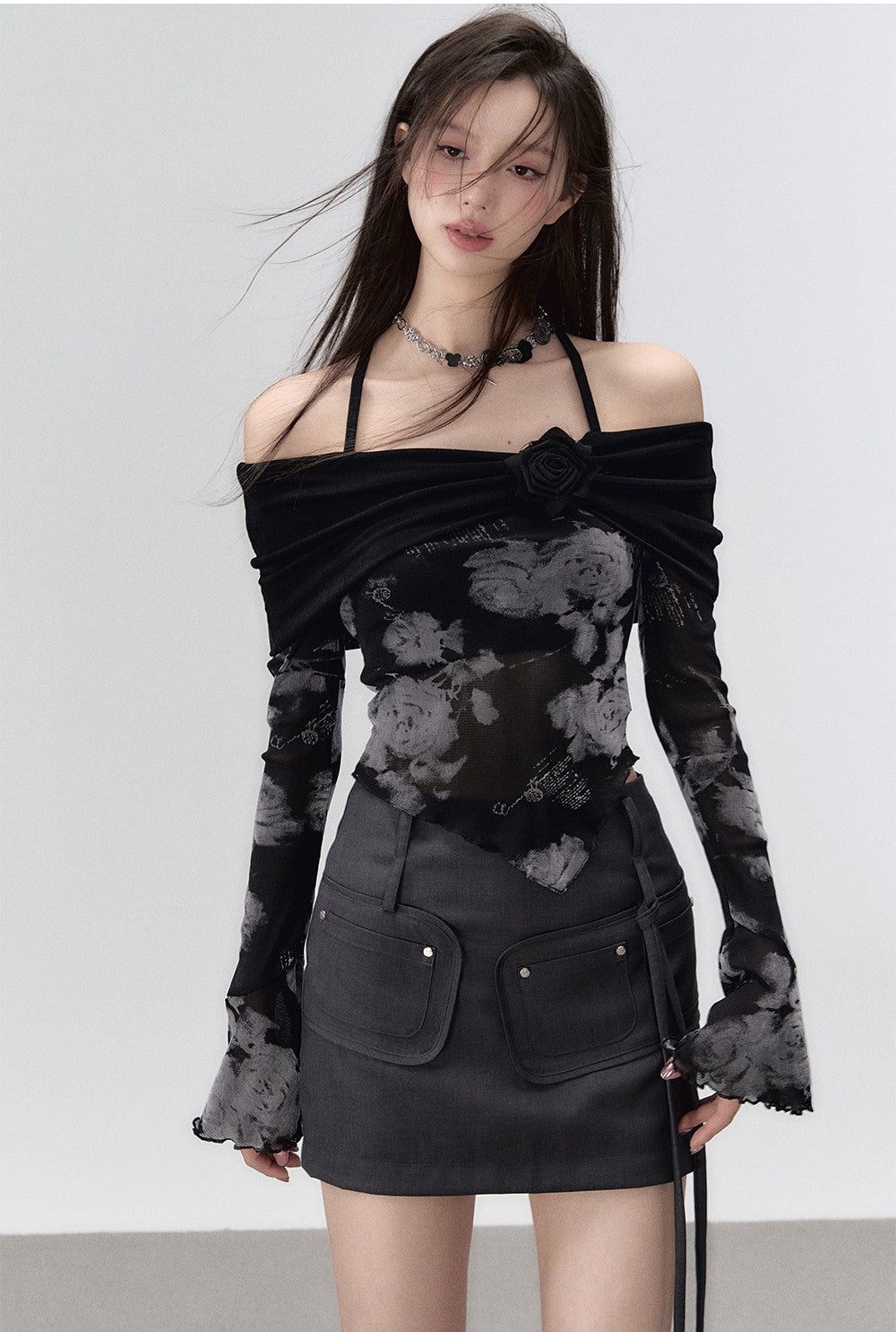 Dark Rose Fake Two-piece Dress/One-shoulder Long-sleeved T-shirt VIA0043