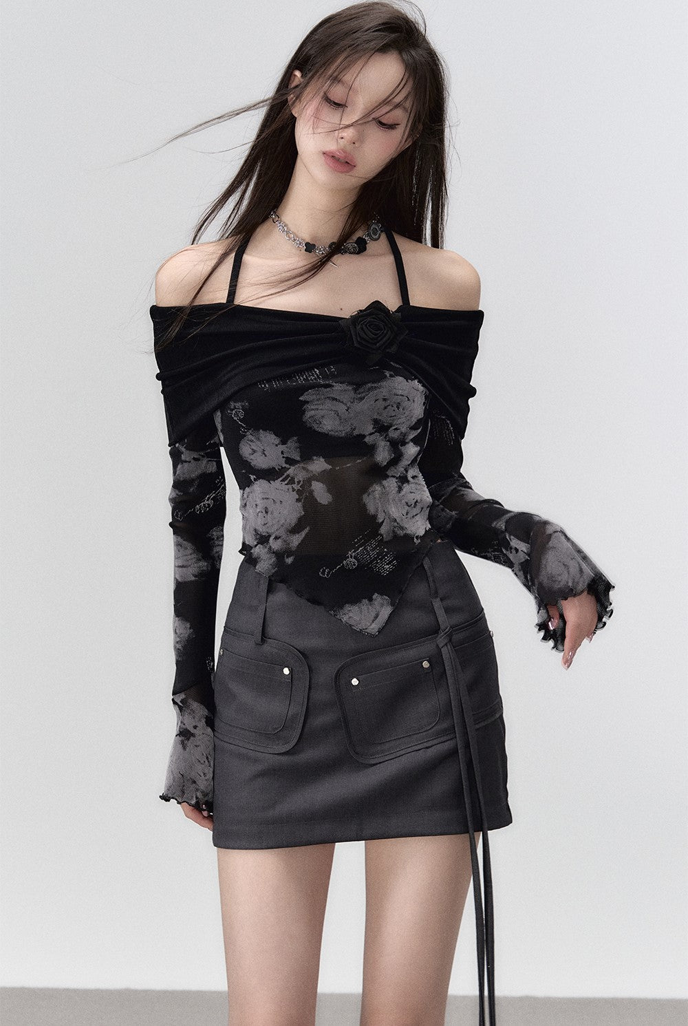 Dark Rose Fake Two-piece Dress/One-shoulder Long-sleeved T-shirt VIA0043