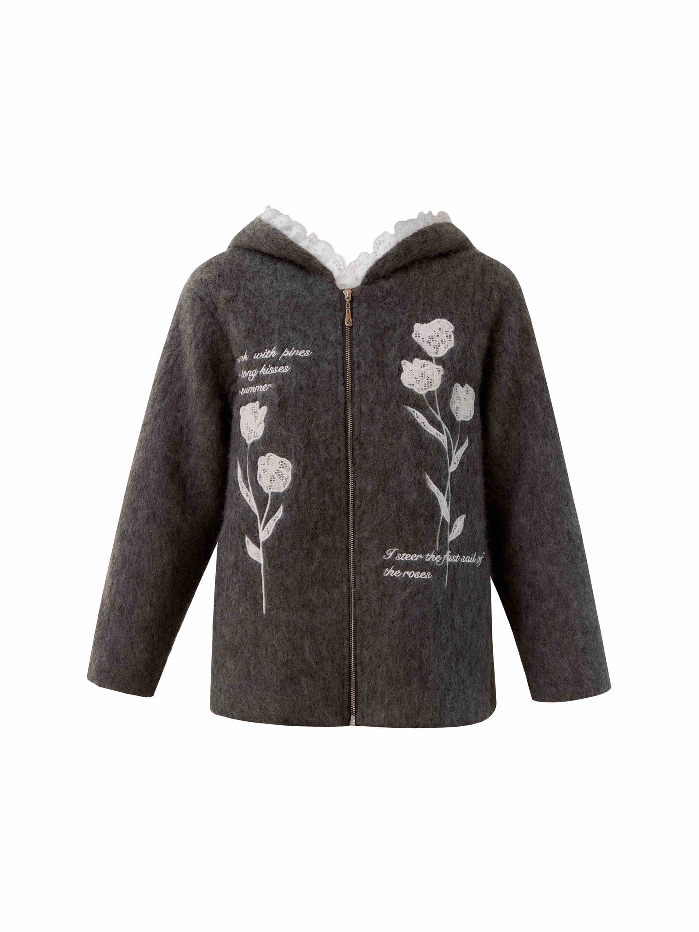 Lace Words Embroidered Hooded Sweater Jacket FRA0251