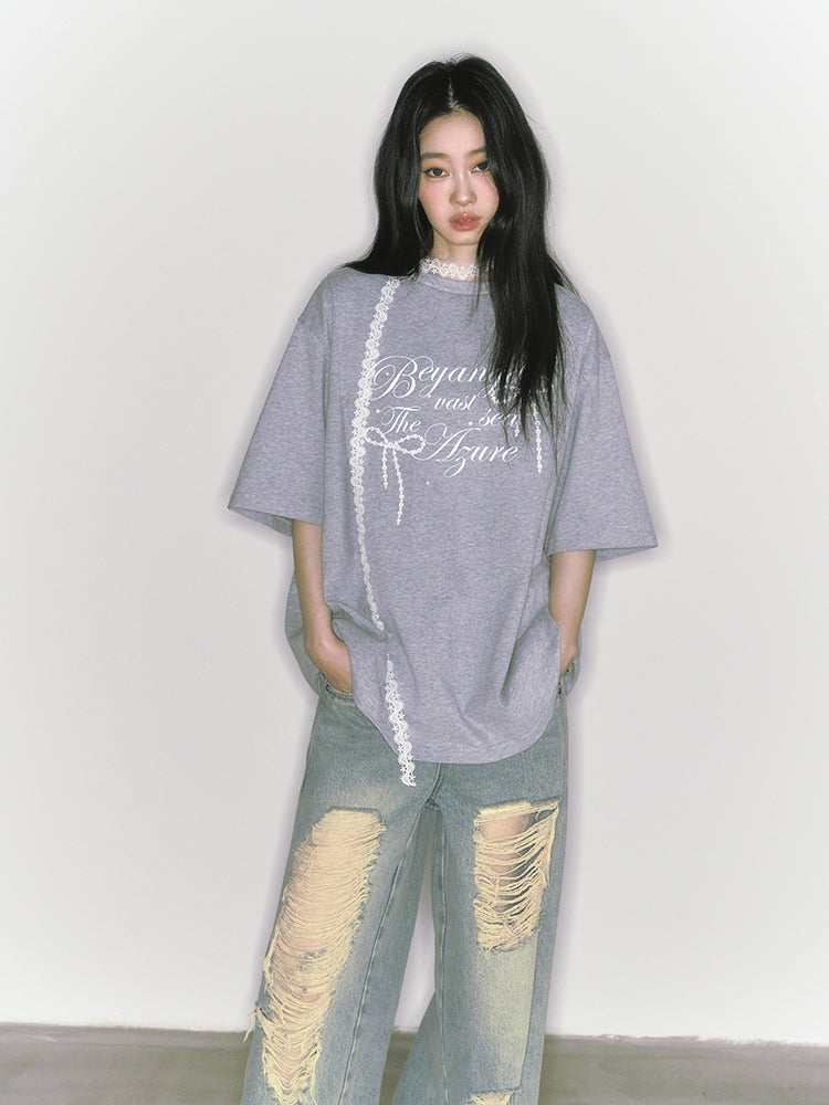 Loose Round Neck Letter Printed Oversize T-shirt SAL0051