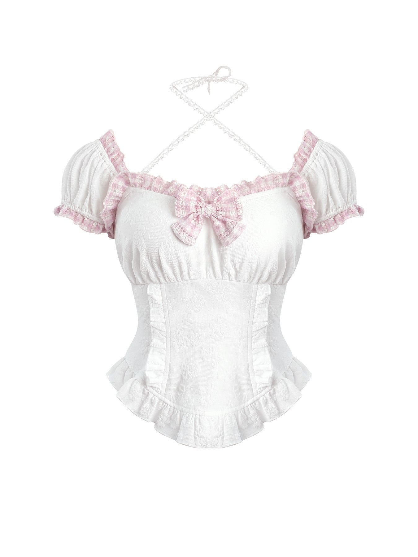White Lace Top/Pink Plaid Suspender Dress SER0154