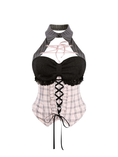 Lace Plaid Top/Gray Striped Skirt SER0152