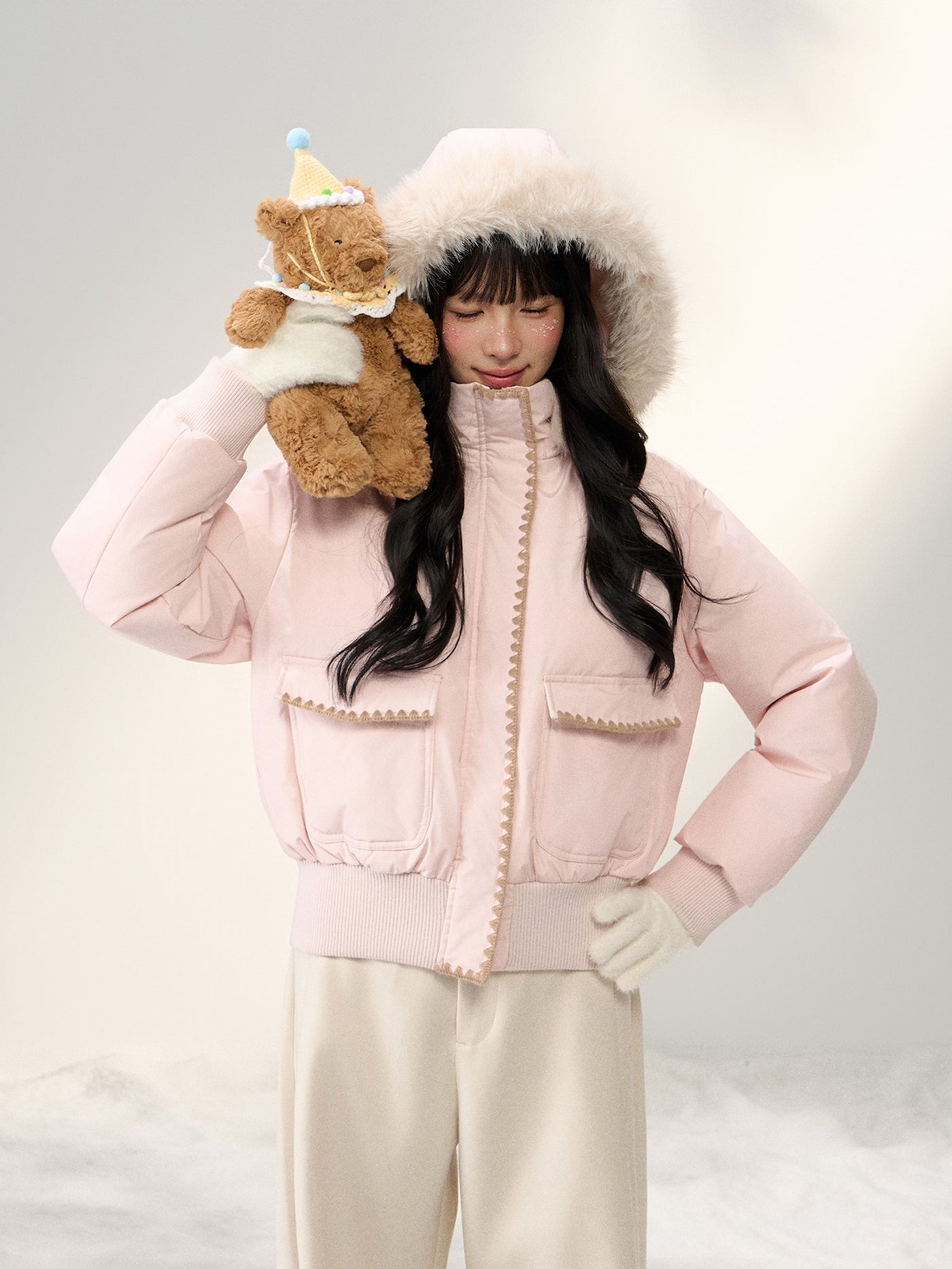 Shell Embroidered Fur Collar Hooded Down Jacket NTO0250