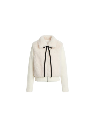 Detachable Bow Collar Faux Fur Knitted Jacket FRA0510