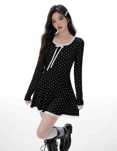 Bow Lace Slim Knit A-Line Dress IMO0072